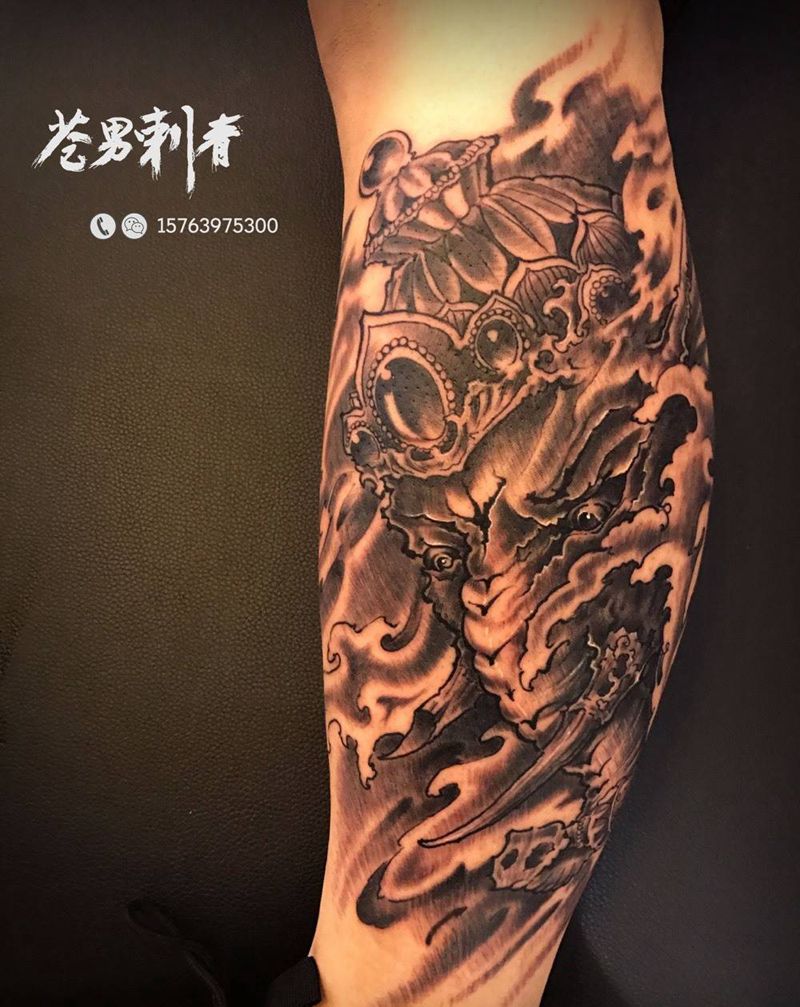 象神纹身图片_成品腿部纹身图案