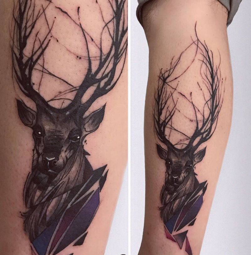 你好 鹿先生纹身图片_成品腿部清新纹身图案