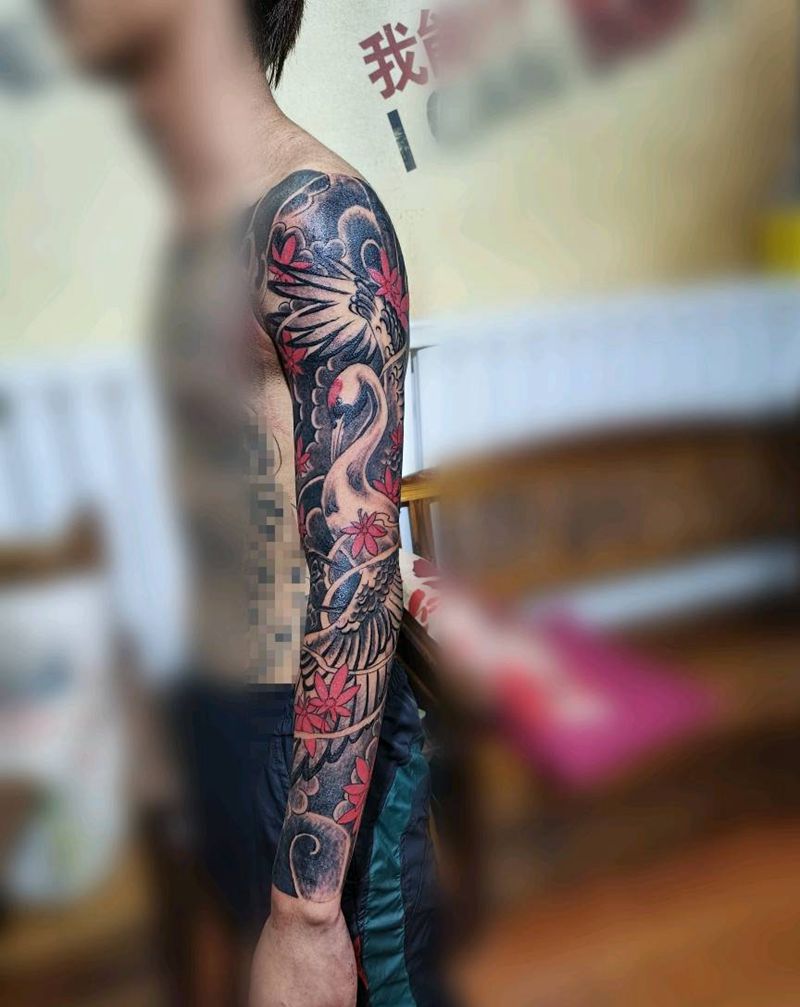 仙鹤花臂纹身图片_手臂纹身图案