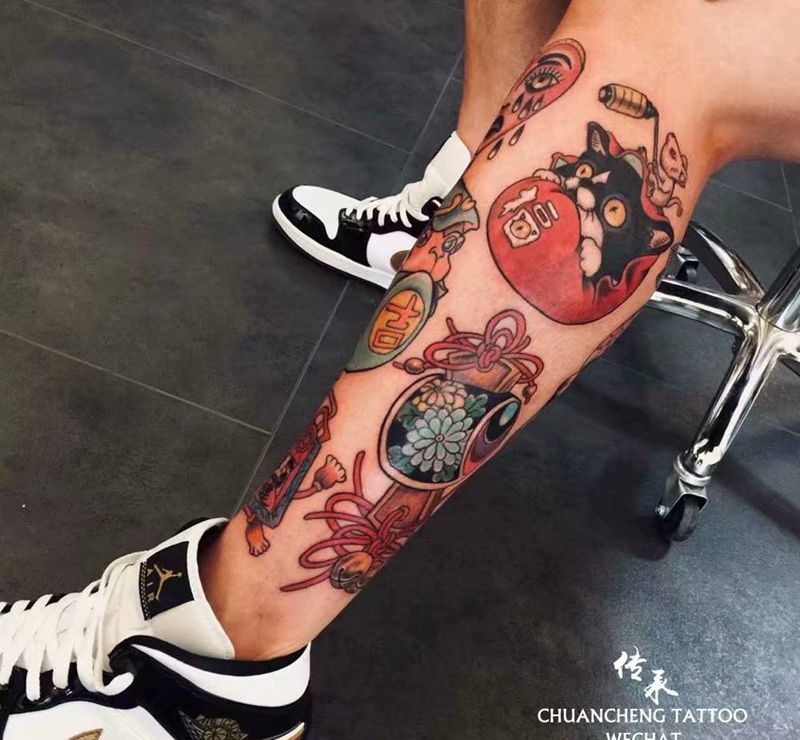 school 风格小腿纹身图片_腿部New School纹身图案