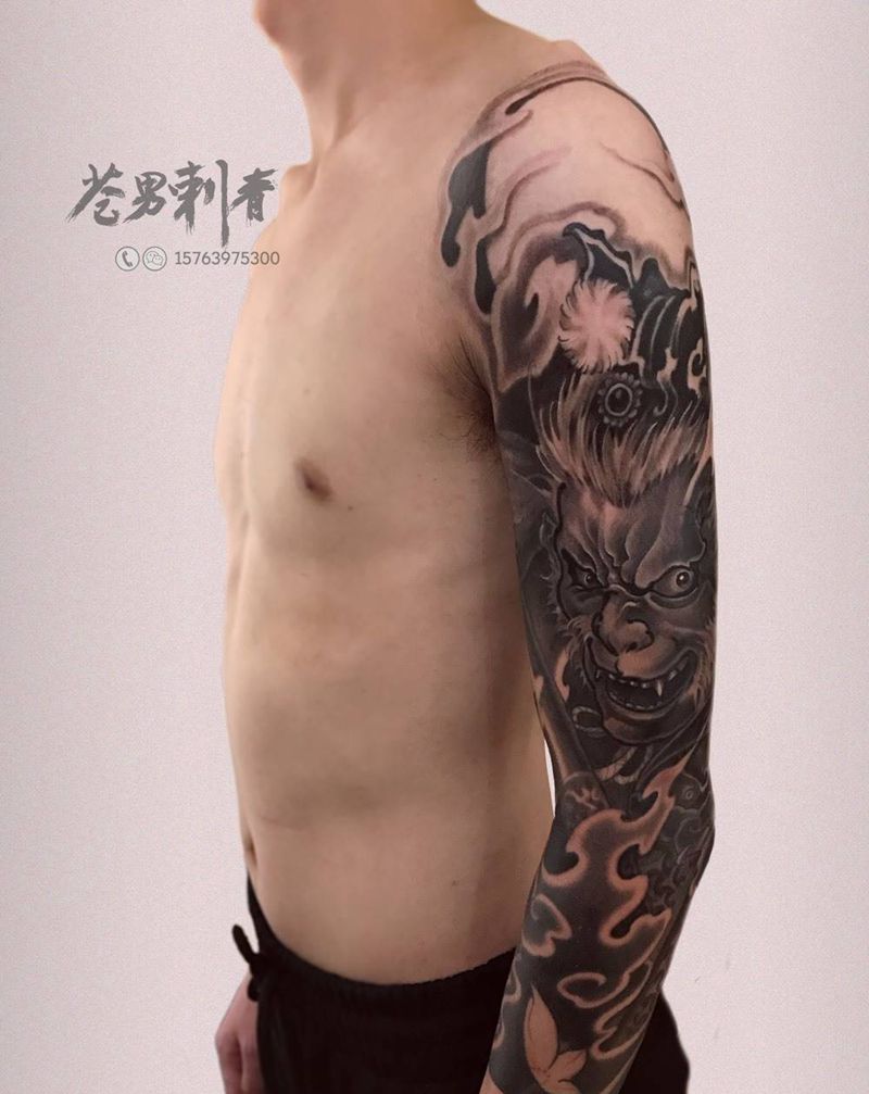 七分袖纹身图片_成品手臂传统鬼神纹身图案