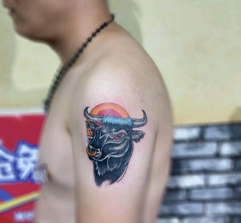 牛头，牛气冲天纹身图片_手臂纹身图案