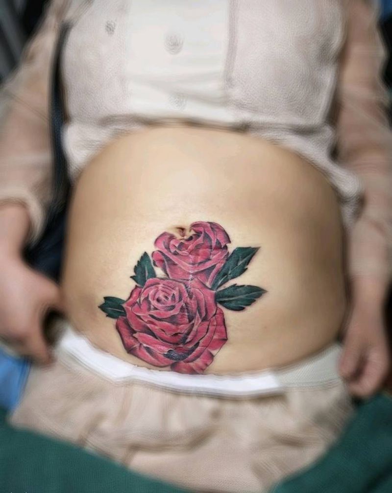 疤痕遮盖纹身图片_腹部成品纹身图案