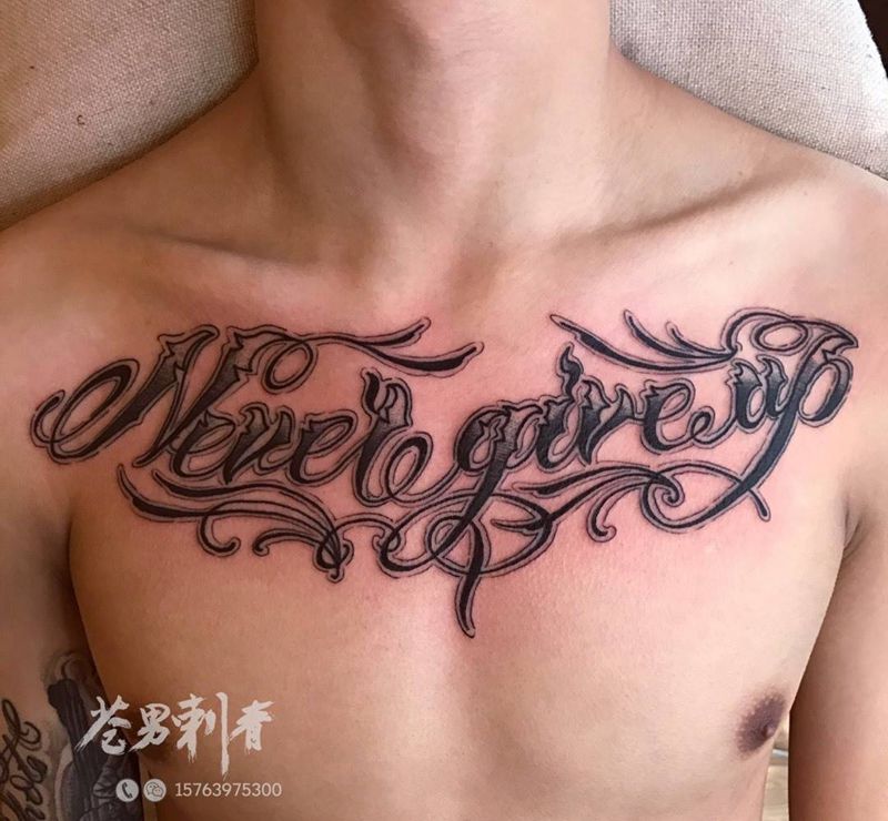 花体字设计、上身纹身图片_成品胸部纹身图案