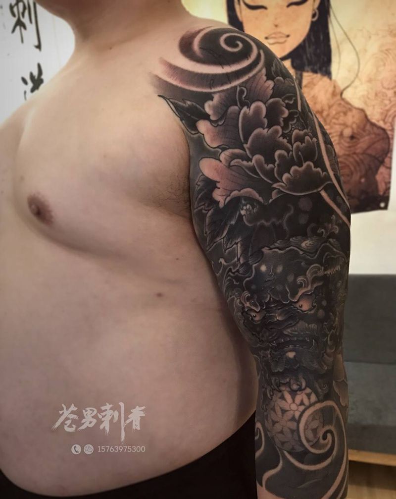 【 唐狮七分袖 】纹身图片_成品传统动物手臂纹身图案