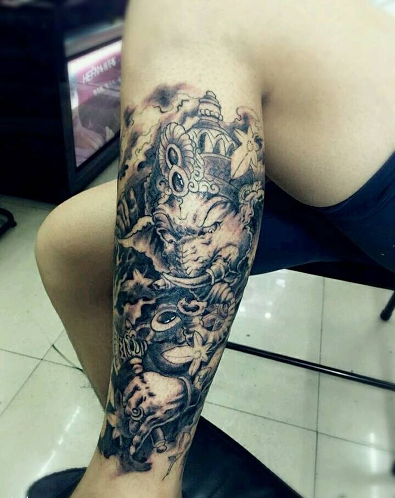 小腿象神纹身图片_传统动物鬼神宗教成品纹身图案