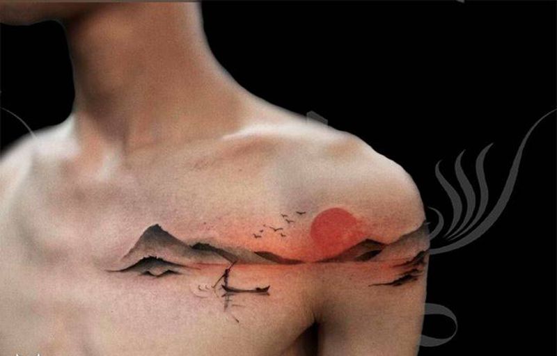 水墨纹身图片_胸部水墨纹身图案