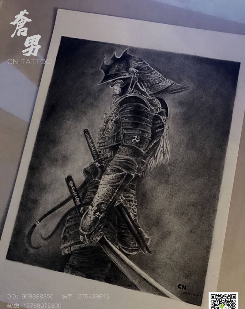 武士纹身图片_手稿背部写实欧美人物纹身图案