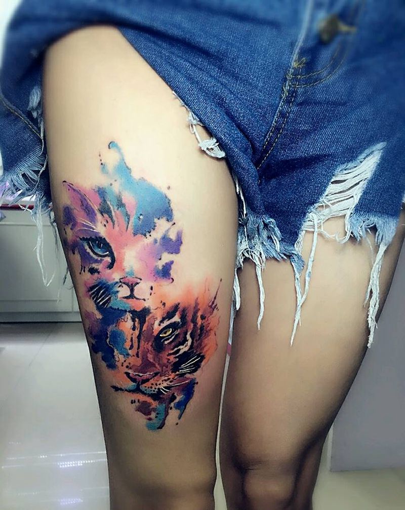 水彩纹身纹身图片_腿部欧美清新动物水彩成品纹身图案
