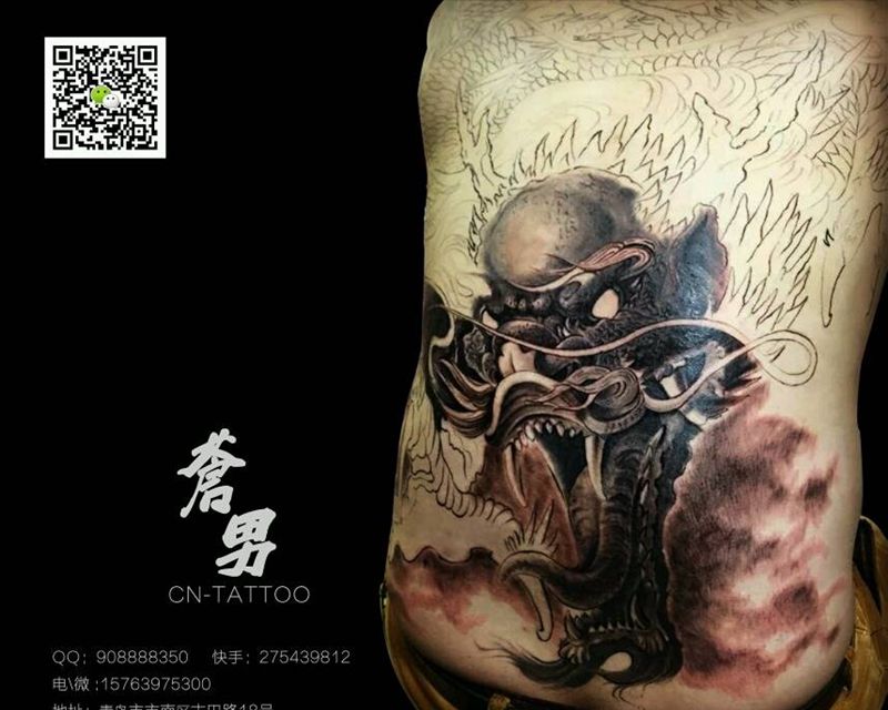大龙未完成纹身图片_背部传统动物鬼神成品纹身图案