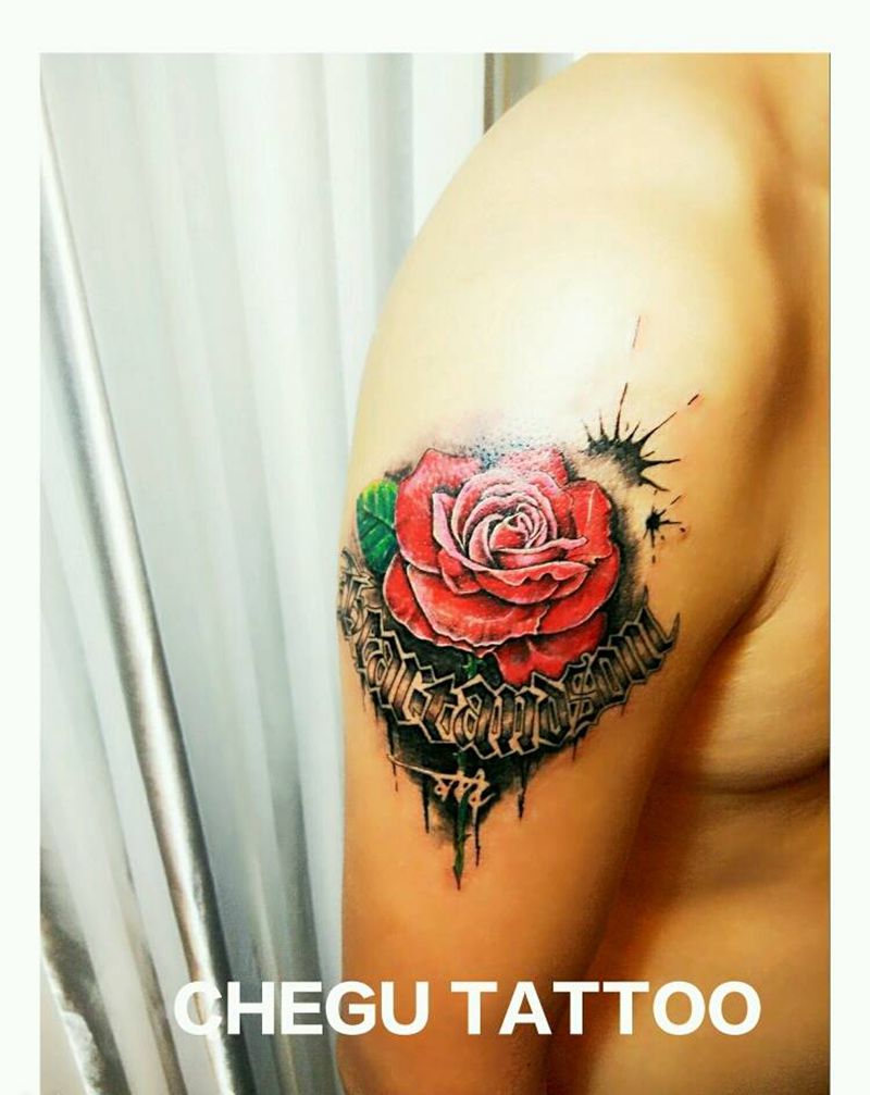 原创玫瑰花加英文纹身图片