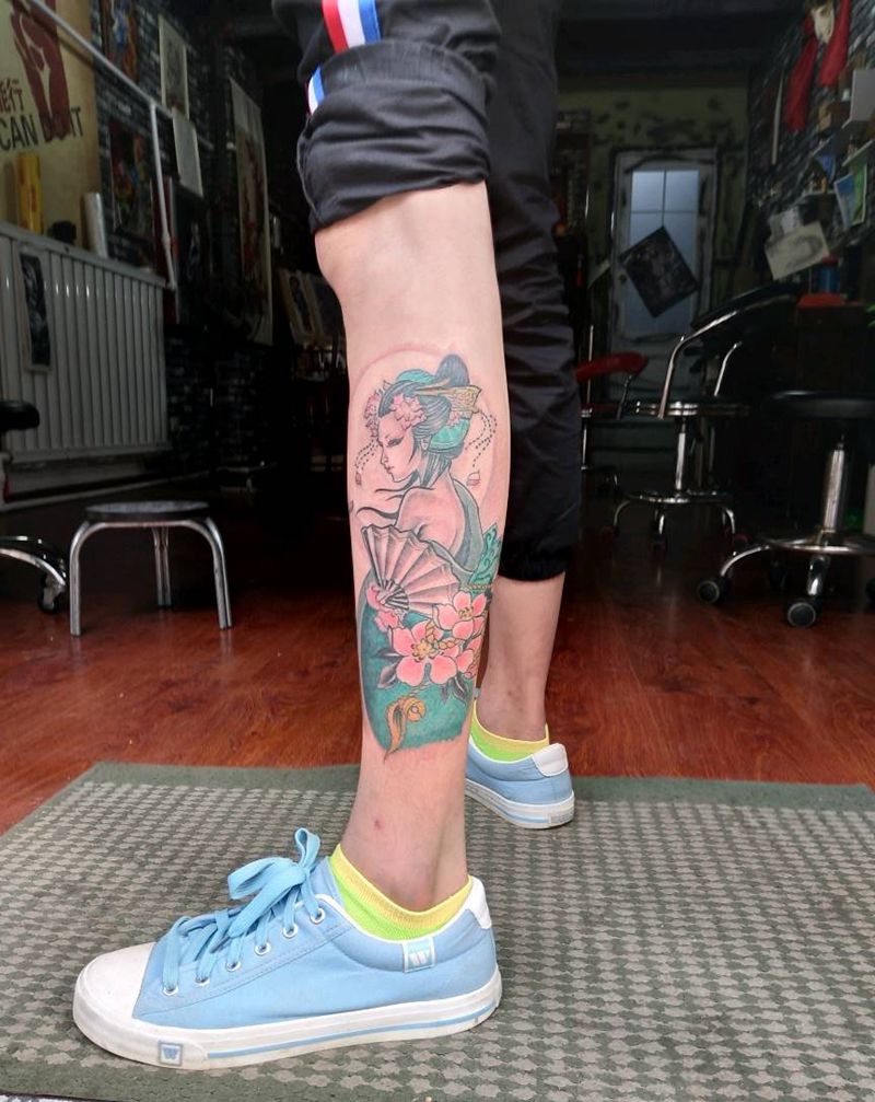 小腿艺妓纹身图片