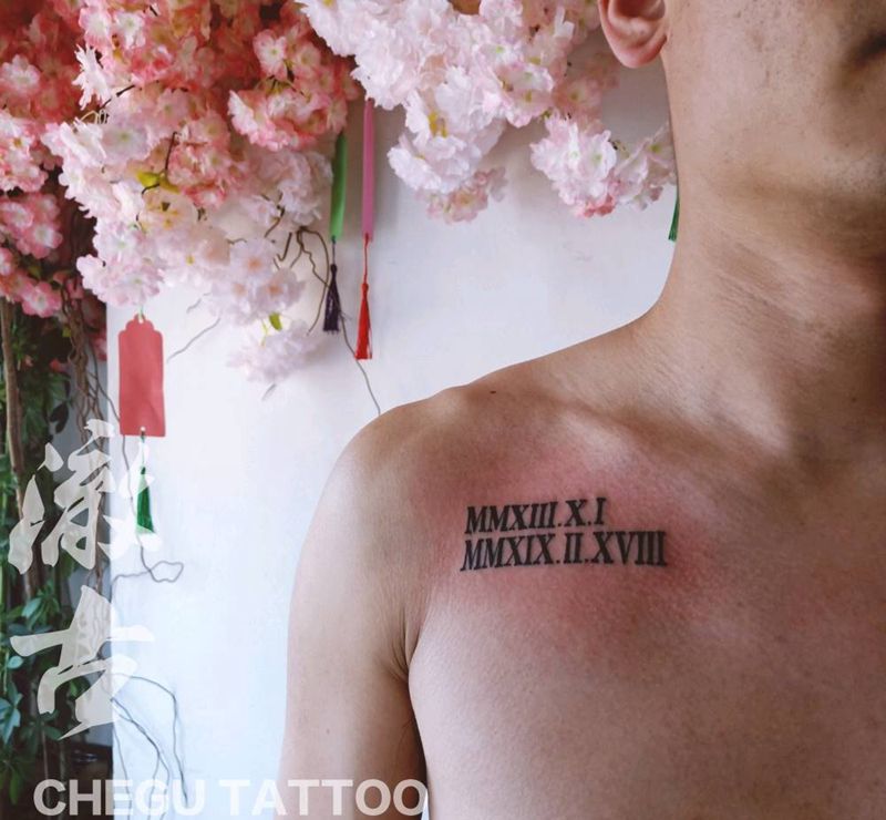 日期纹身图片_胸部花体字纹身图案