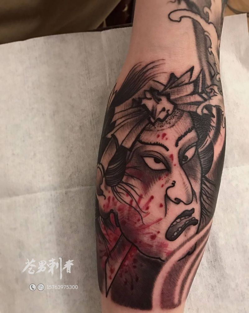 生首纹身图片_成品传统人物手臂纹身图案