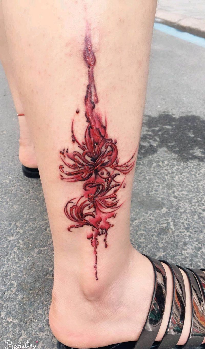 彼岸花纹身图片_腿部清新植物成品纹身图案