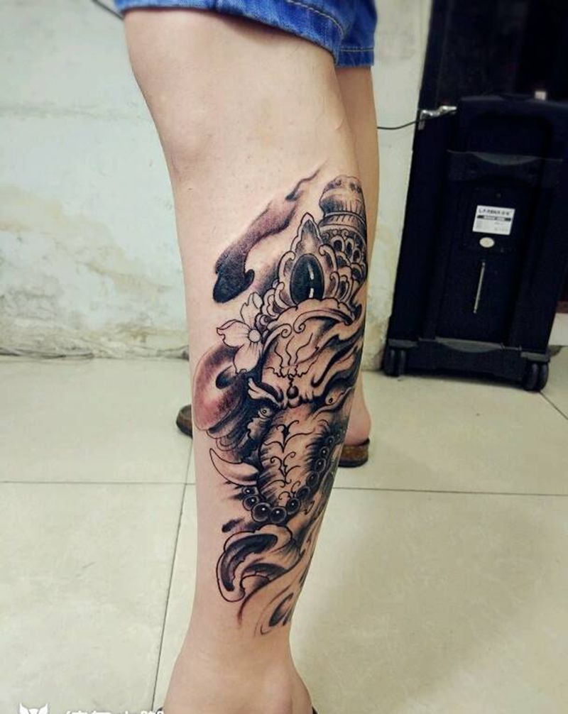 象神纹身图片_腿部传统动物鬼神宗教纹身图案