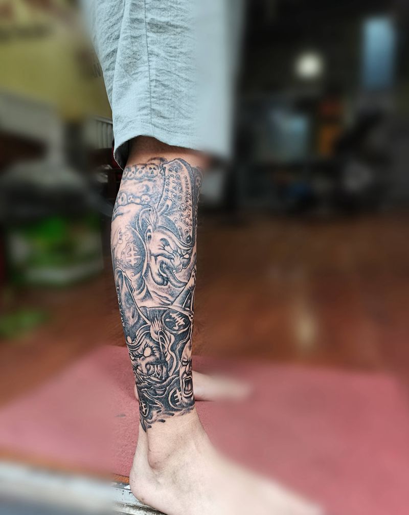 包小腿，黑白无常纹身图片_腿部纹身图案
