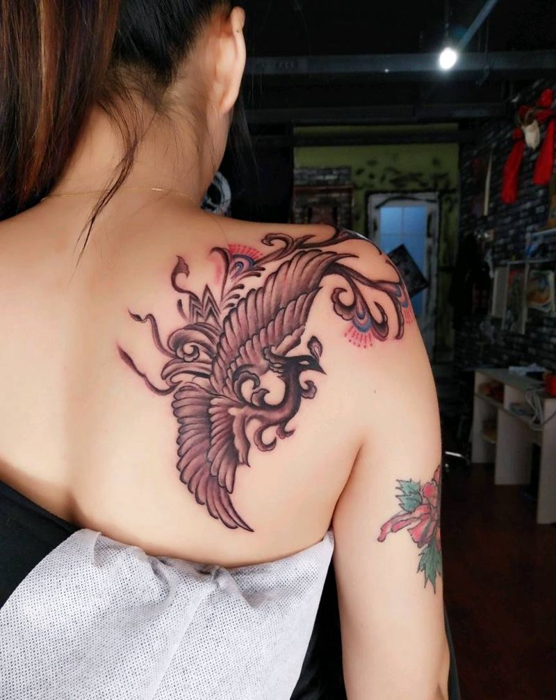 图腾凤凰纹身图片_肩部图腾成品纹身图案