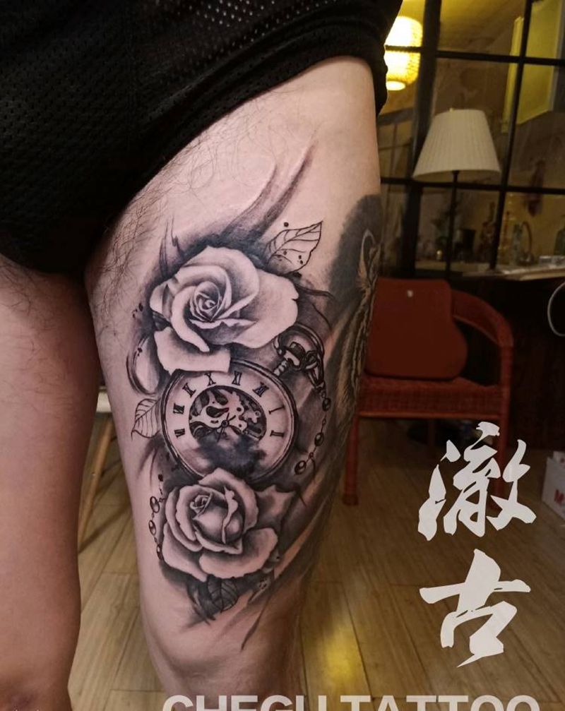 怀表玫瑰纹身图片_腿部欧美写实纹身图案