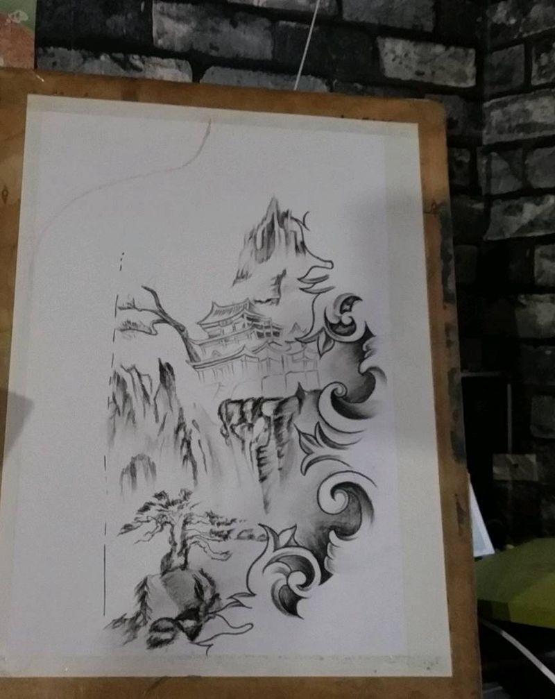 山水草稿纹身图片