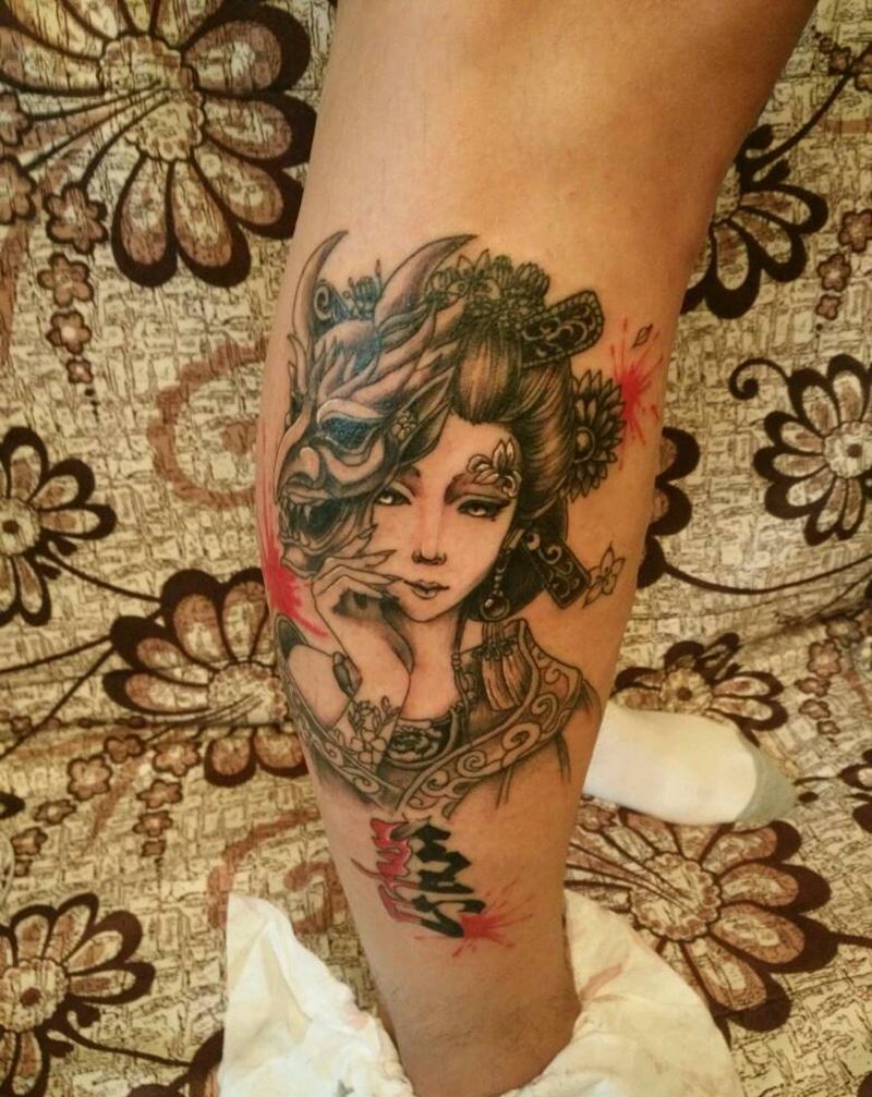 小腿艺妓纹身图片