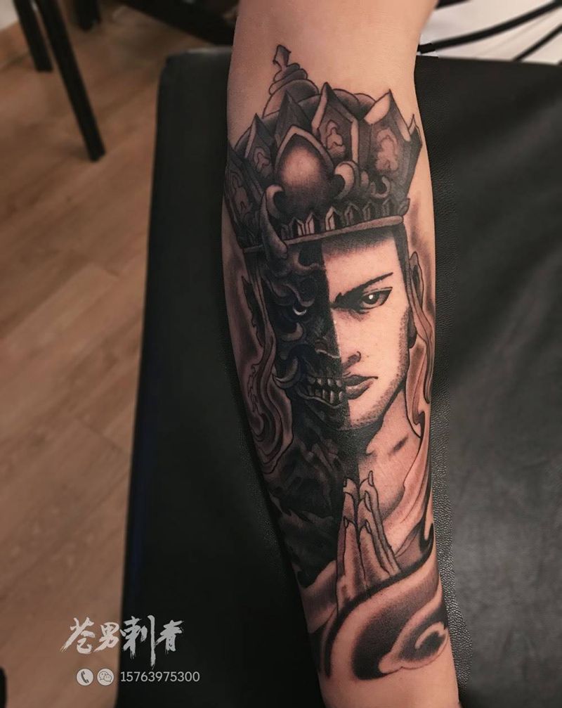 悪霊が退散纹身图片_成品手臂传统人物纹身图案