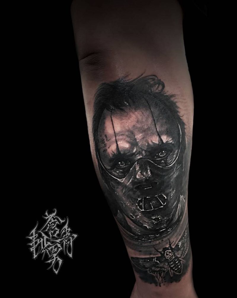 沉默的羔羊纹身图片_手臂欧美人物成品纹身图案