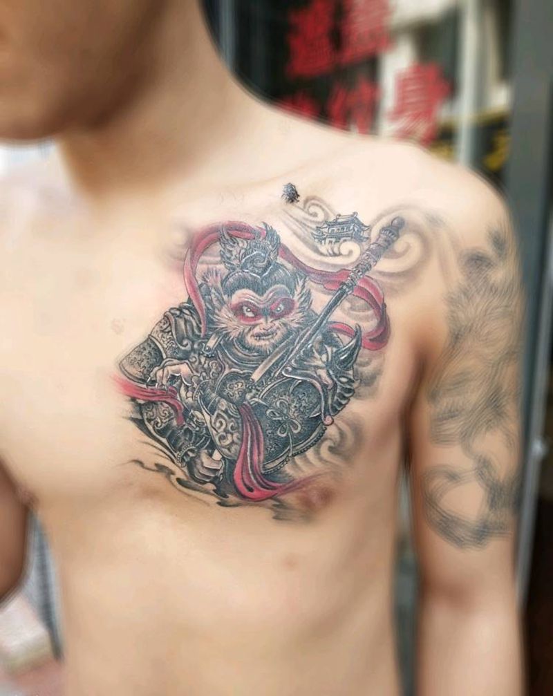 前胸悟空遮盖纹身图片_胸部成品纹身图案