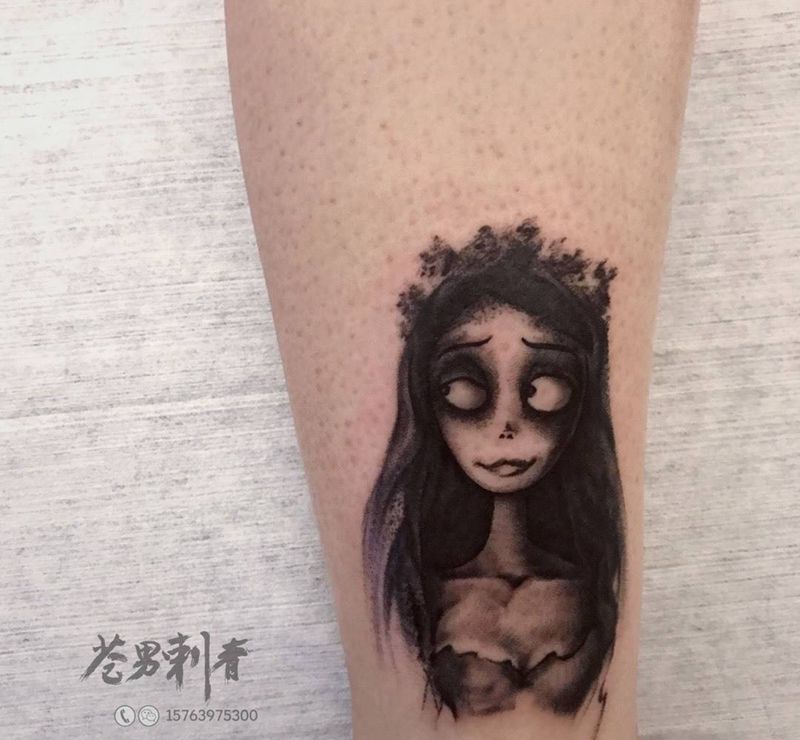 僵尸新娘纹身图片_成品腿部清新纹身图案