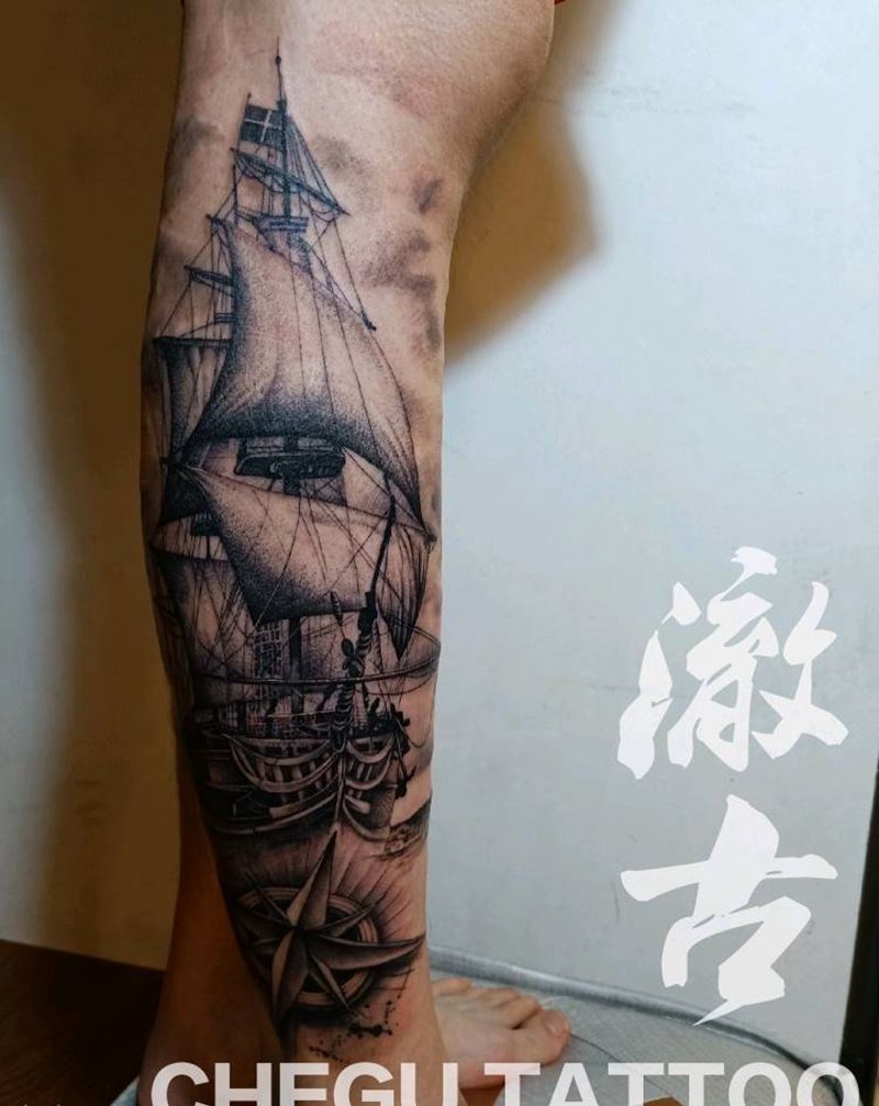 帆船纹身图片_腿部欧美写实纹身图案