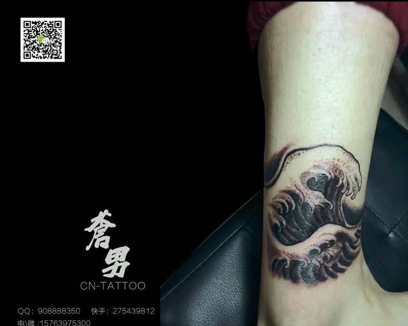 水浪纹身图片_腿部传统清新成品纹身图案