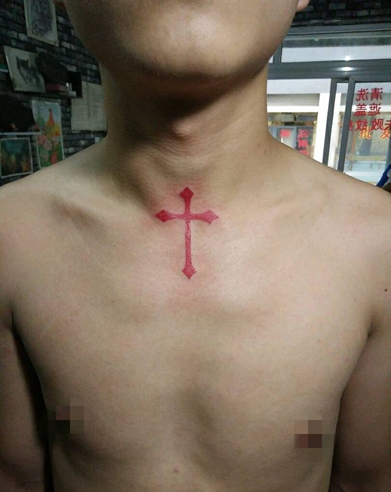 咽喉部位十字架纹身图片