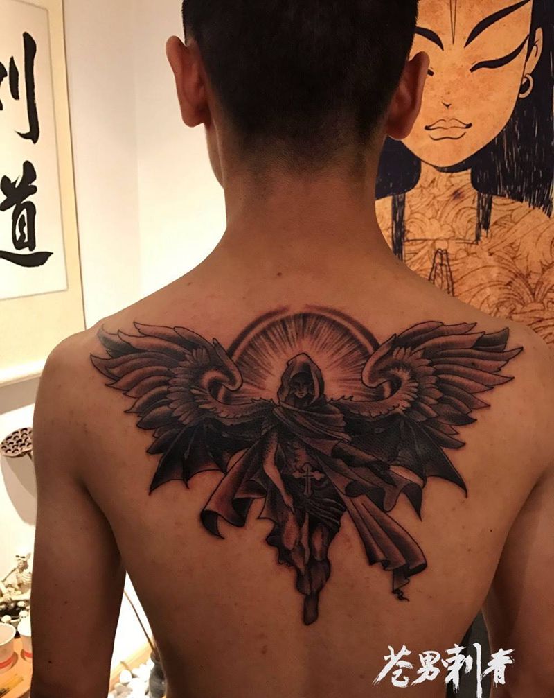 天使纹身图片_成品背部纹身图案