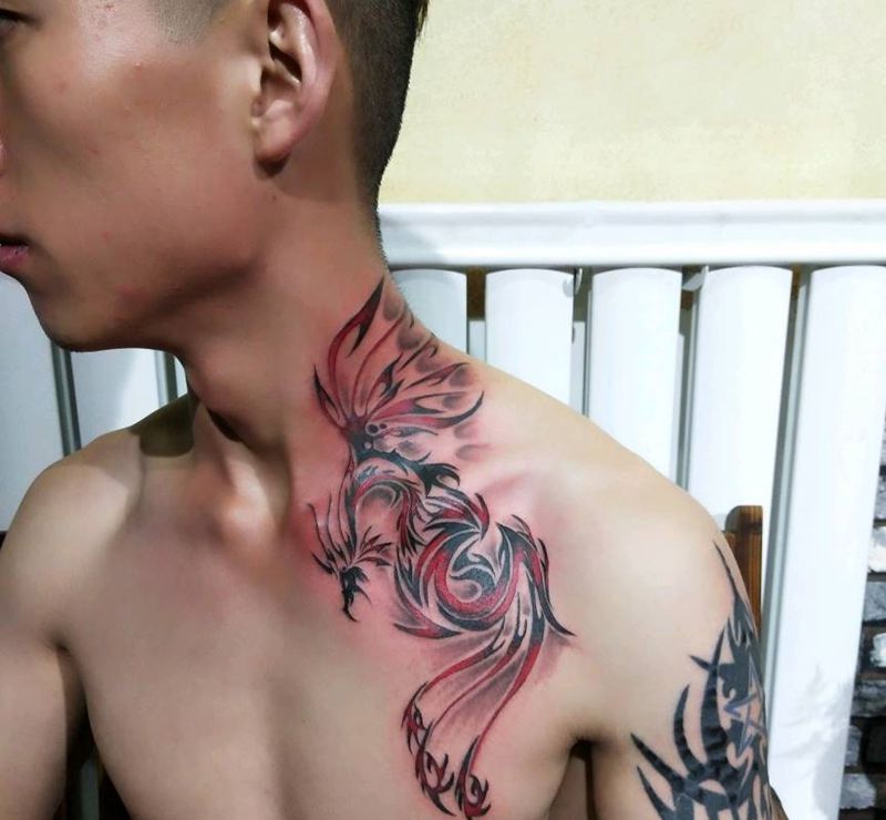 抽象图腾凤凰，纹身图片_颈部纹身图案