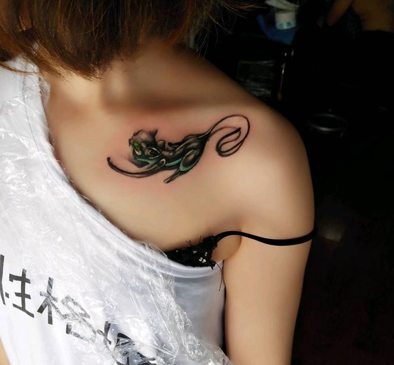 遮盖后小猫咪纹身图片_胸部纹身图案