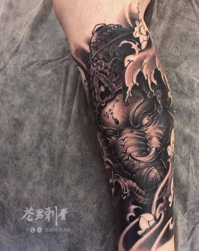 象神纹身图片_成品腿部传统纹身图案