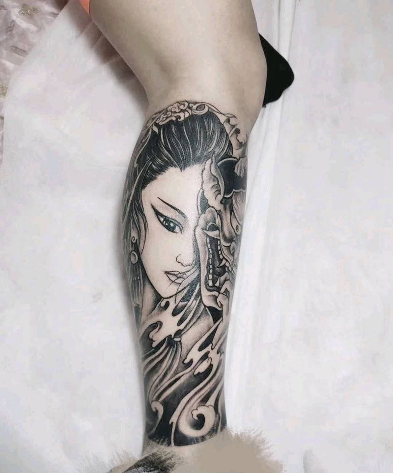 艺伎纹身图片_腿部纹身图案