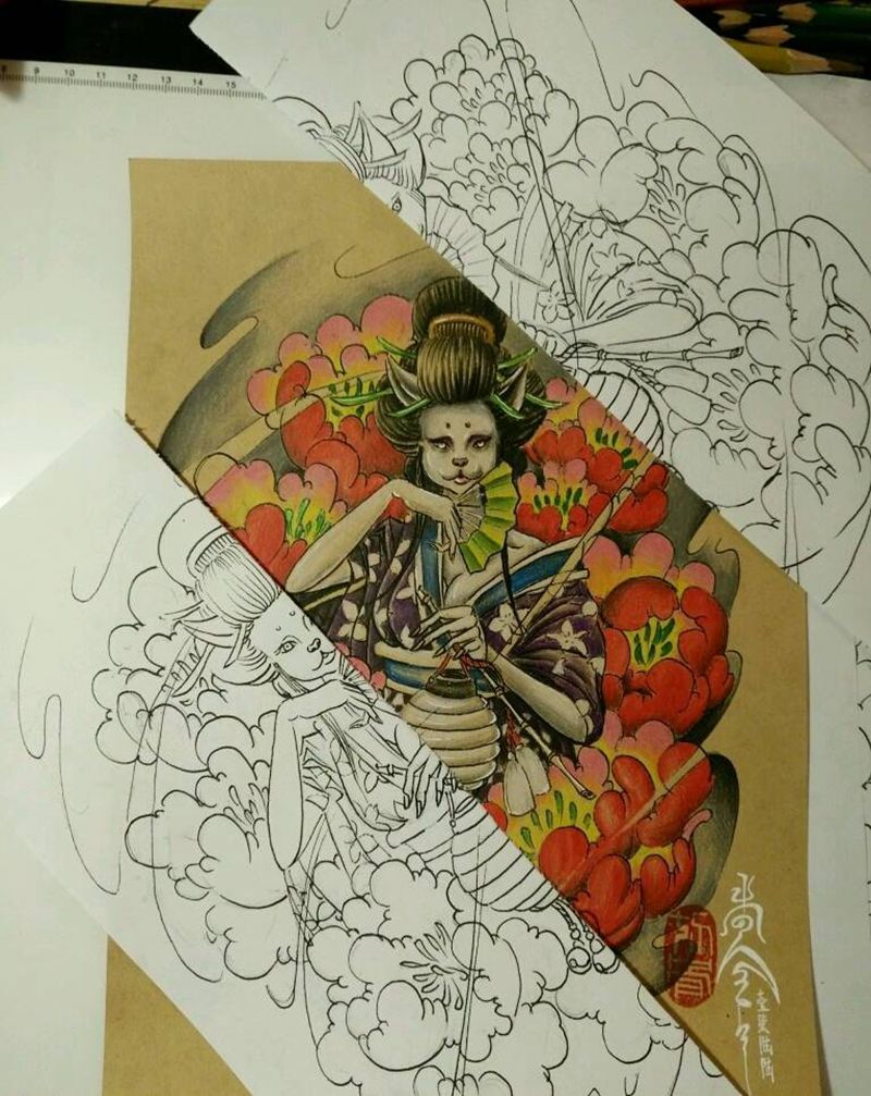 猫艺妓（原创手稿）纹身图片