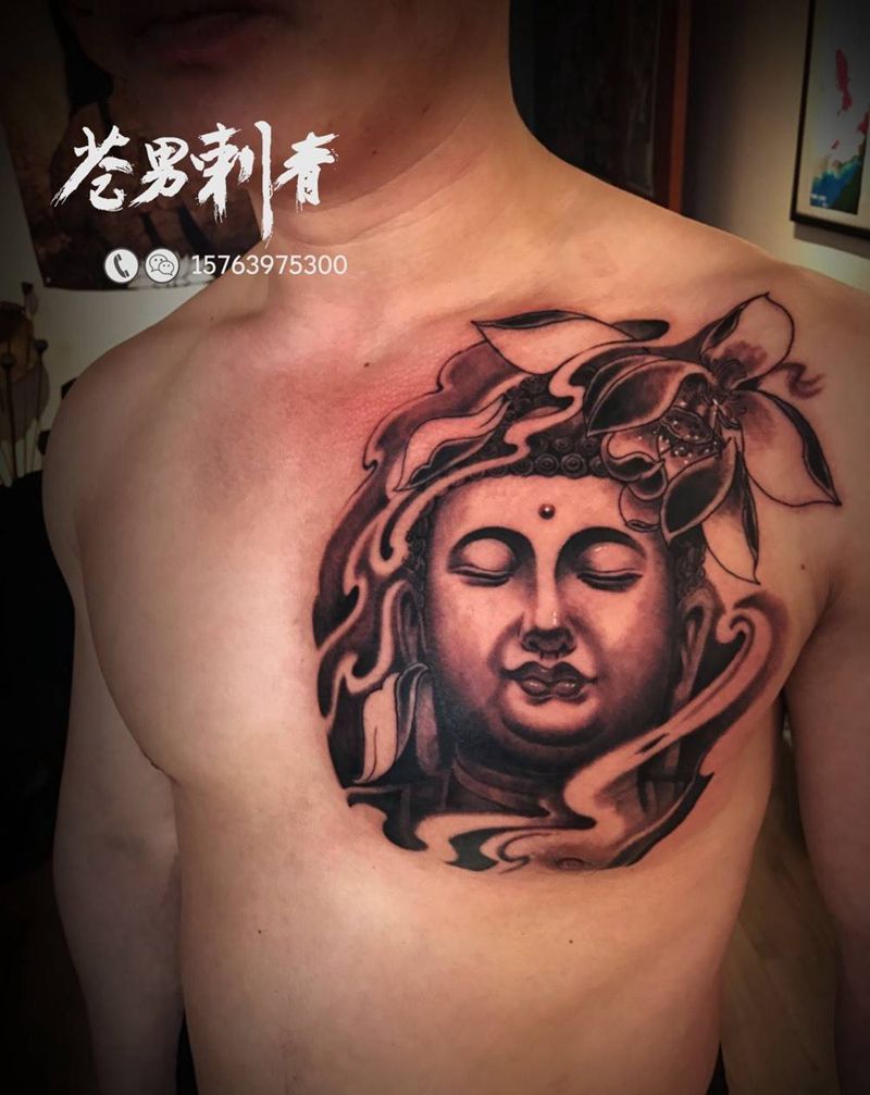 佛首纹身图片_成品胸部传统人物宗教纹身图案
