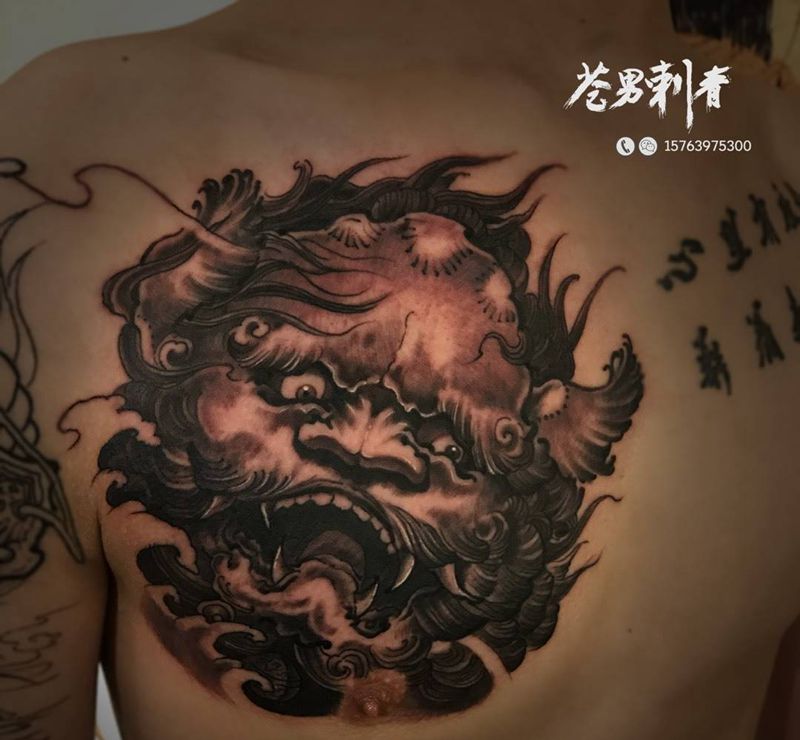 唐狮纹身图片_成品传统纹身图案