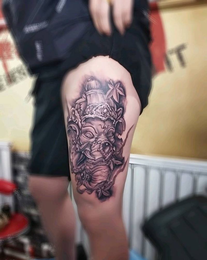 象神纹身图片_腿部宗教成品纹身图案