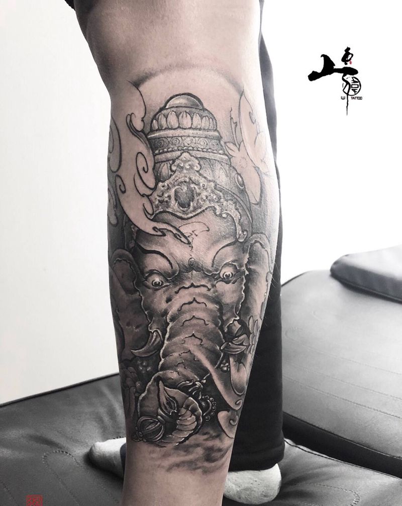 象神纹身图片_腿部纹身图案