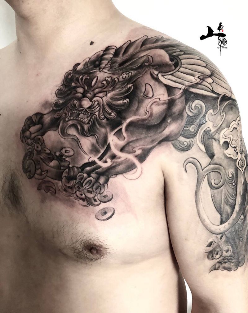 招财貔貅纹身图片_手臂肩部新传统纹身图案