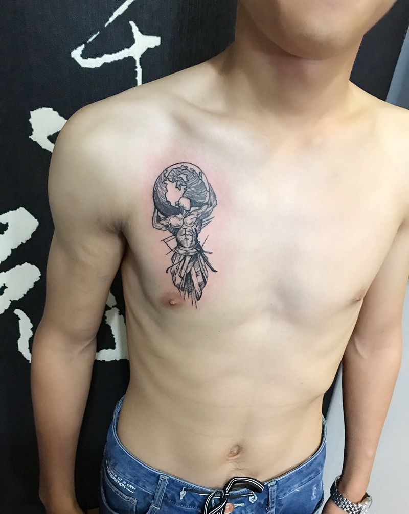 线纹身图片_胸部几何纹身图案