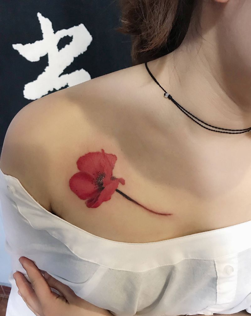 罂粟纹身图片_肩部水彩纹身图案