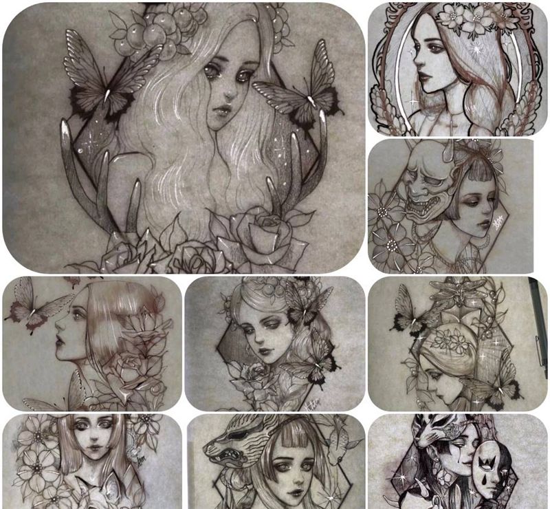 人物手稿纹身图片_手臂腿部欧美写实点刺艺妓，人物纹身图案