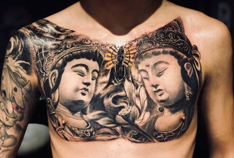 文殊普贤如来纹身图片_人物欧美传统胸部成品纹身图案