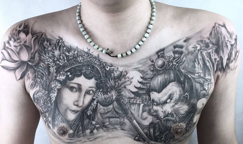 花胸纹身图片_胸部新传统大圣花旦孙悟空纹身图案