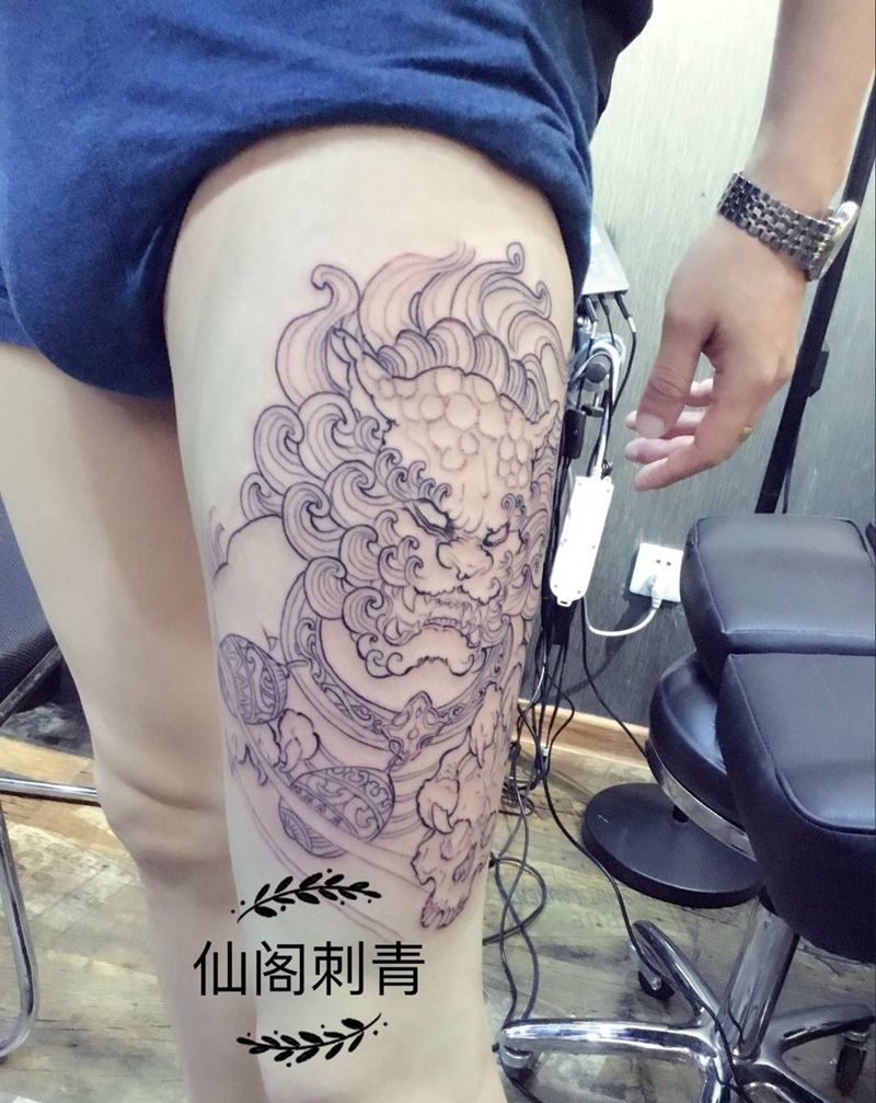 唐狮线条部分纹身图片