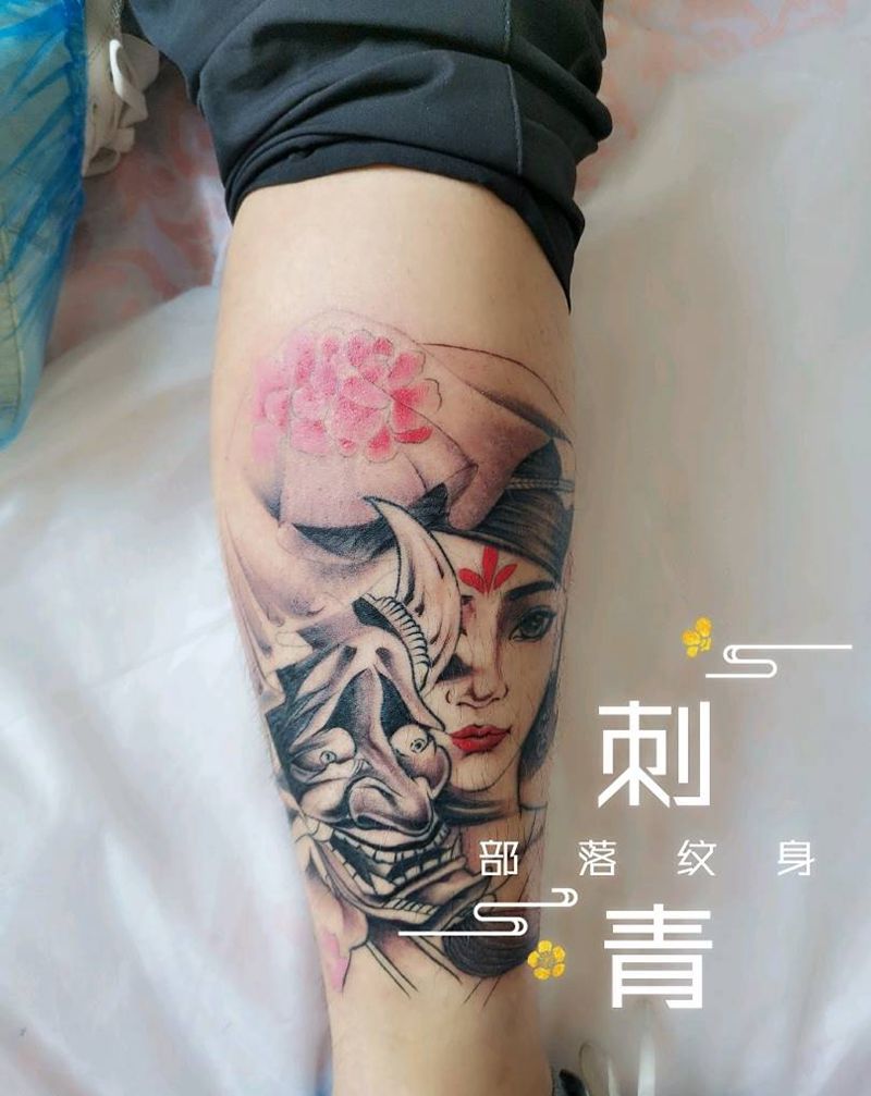 艺妓般若纹身图片_腿部新传统般若，艺妓纹身图案